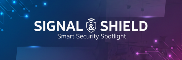 Signal and Sheild banner with digital interface blue background